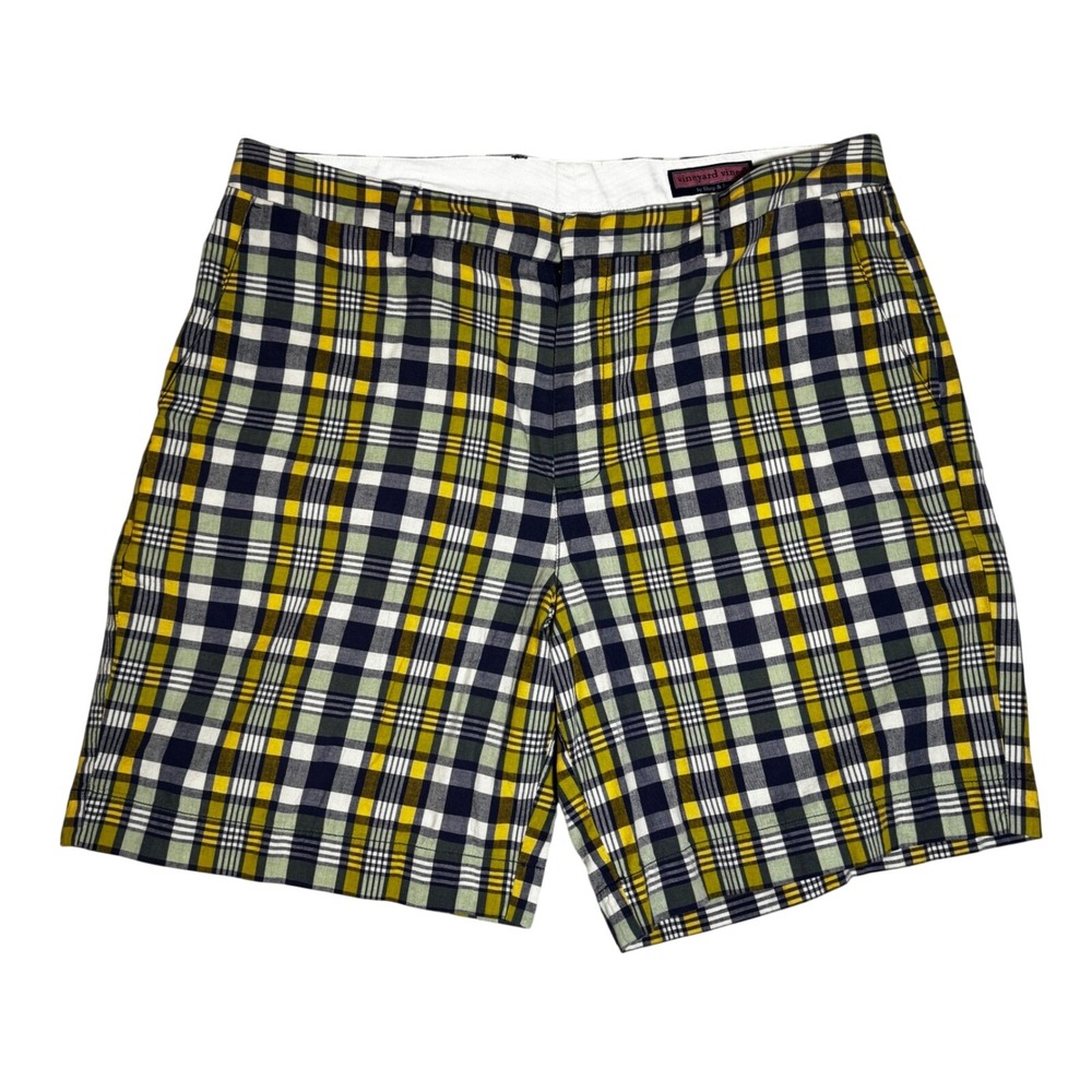 Vineyard Vines Breaker Shorts Mens 38 Plaid Yellow Navy Blue Green Cotton 9 Inch